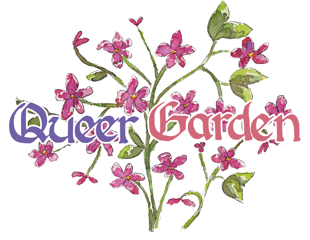 Queer Garden in caligraphy with watercoloured flowers underneath
